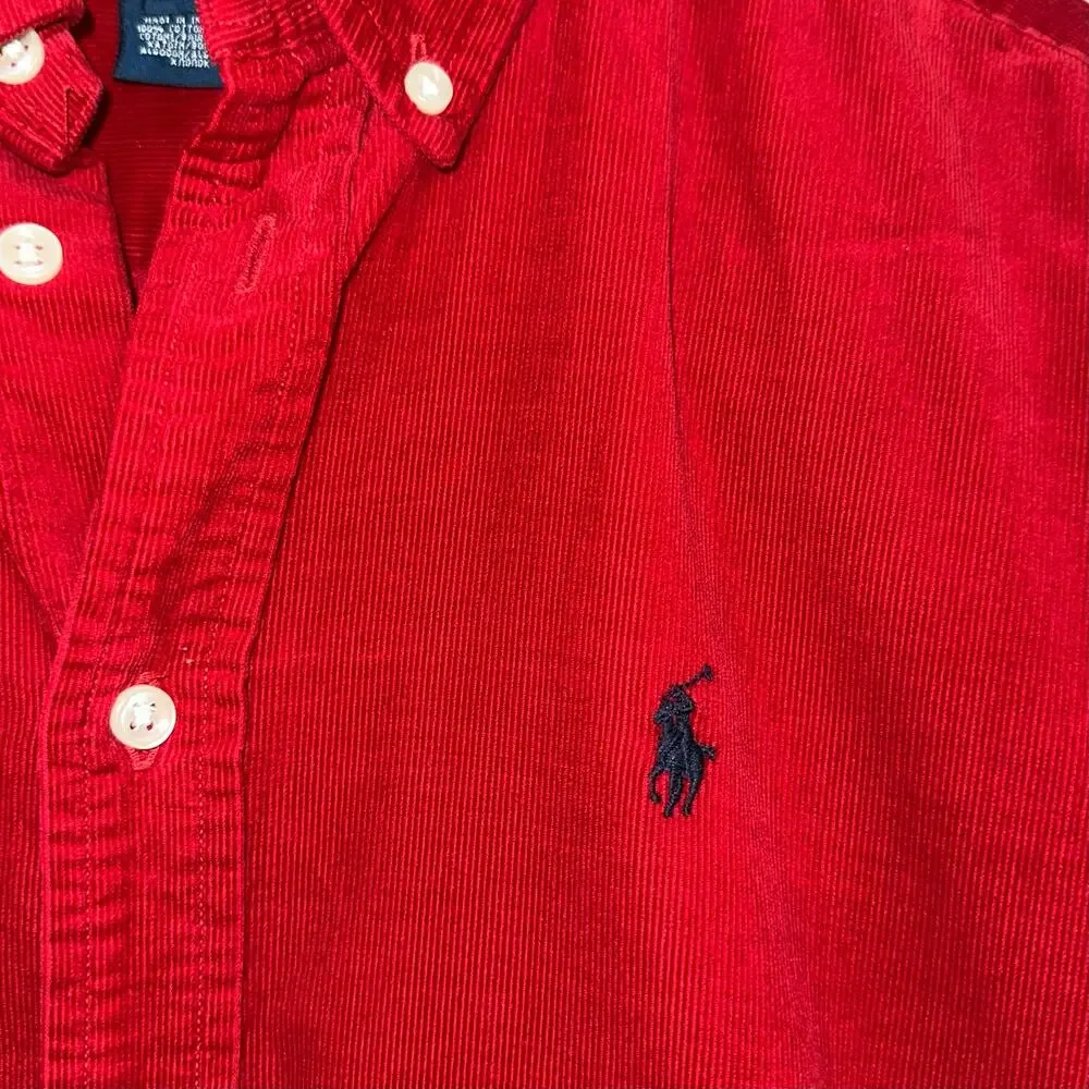 Ralph Lauren Boys Red Corduroy Long Sleeve Button Up Shirt Size L 16/18
